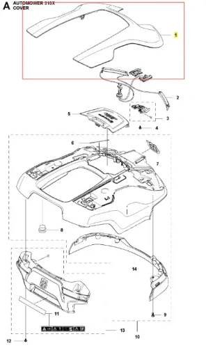Obudowa 315X robota koszącego Husqvarna w szarym kolorze, widoczna z góry z detalami zaworów, złącz i logo. Powierzchnia gładka, matowa. W komplecie elementy montażowe.