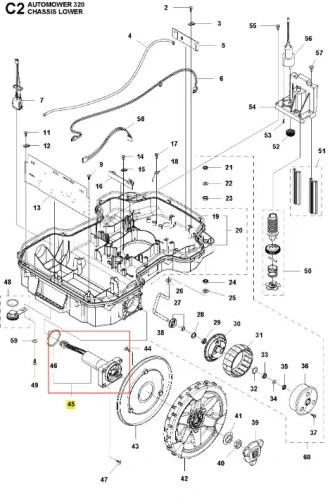 Silnik robota koszącego Automower 320 Husqvarna, widok z boku w kolorze szarym, z metalowymi elementami. Wyróżnia się okrągłym kształtem. Z zamocowaną obudową, uchwyt w formie grubej rączki. Tło białe, co podkreśla detal produktu.