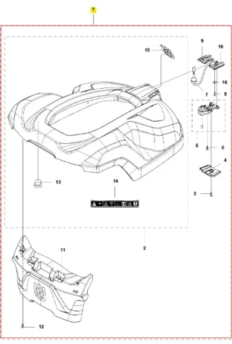 Obudowa robota koszącego Automower 320 Husqvarna, w kolorze szarym, o aerodynamicznym kształcie. Widok z boku, z zamkniętą górą. Wykonana z plastikowego materiału, z umieszczonym logo marki z przodu i detalami mocowaniami z tyłu.