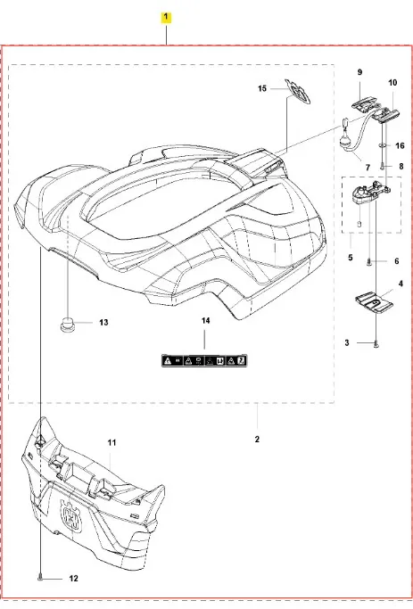 Obudowa robota koszącego Automower 320 Husqvarna, w kolorze szarym, o aerodynamicznym kształcie. Widok z boku, z zamkniętą górą. Wykonana z plastikowego materiału, z umieszczonym logo marki z przodu i detalami mocowaniami z tyłu.