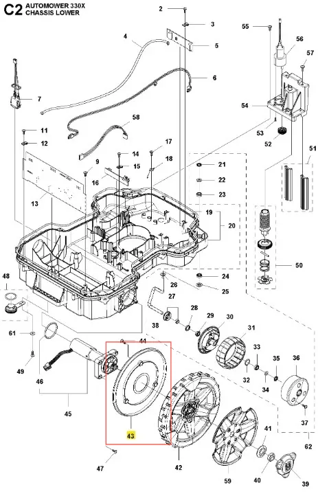 Osłona koła robota koszącego Automower 330 X Husqvarna, w kolorze szarym, wykonana z tworzywa. Widoczny w detalach otwór do mocowania oraz napisy identyfikacyjne. Ujęcie z boku, na jednolitym tle, pokazujące produkt w stanie rozłożonym.