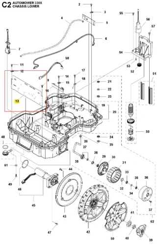 Układ scalony do robota koszącego Automower 330 X Husqvarna, ciemnoszary z zaokrąglonymi krawędziami, z oznaczeniem 13 na żółto, widoczny z boku podwozia z elementami mocującymi.