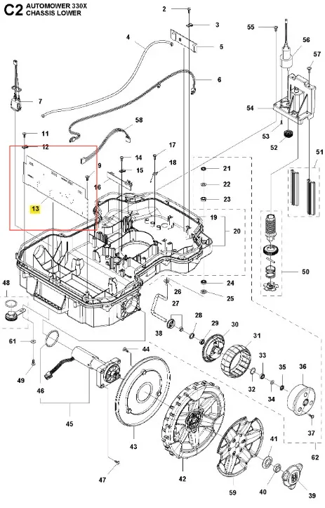 Układ scalony do robota koszącego Automower 330 X Husqvarna, ciemnoszary z zaokrąglonymi krawędziami, z oznaczeniem 13 na żółto, widoczny z boku podwozia z elementami mocującymi.