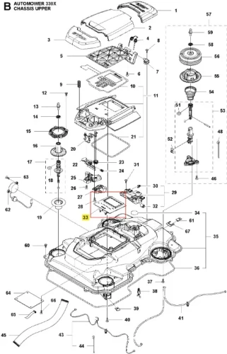 Układ scalony robota koszącego Automower 330 X Husqvarna, widok z góry. Czarna obudowa z oznaczeniami, elementy elektroniczne, porty, przewody i mocowania widoczne szczegółowo.