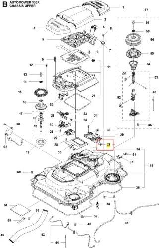 Amortyzator do robota koszącego Automower 330 X Husqvarna, czarny, prostokątny, z widocznymi detalami montażowymi i numerem 32. Na białym tle, podkreślającym wyraźny obraz częsci.