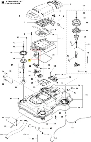 Wyłącznik robota koszącego Automower 330 X Husqvarna, prostokątny, z tworzywa sztucznego, metalowe mocowanie i oznaczenia części, widoczny z góry, ciemny z detalami technicznymi.