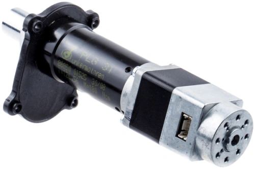 Silnik robota koszącego Automower 220 AC Husqvarna, z metalową obudową i czarnym cylindrem. Widok z boku, produkty w pozycji poziomej. Z przodu widoczny wałek napędowy i otwór montażowy. Na obudowie napisy informacyjne.