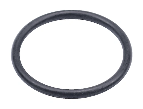 O-ring z gumy w kolorze czarnym, o okrągłym kształcie, ukazany w zbliżeniu na jednolitym tle. Produkt ma gładką fakturę, bez widocznych oznaczeń czy wzorów, o zastosowaniu w urządzeniach, zapewniającym szczelność.