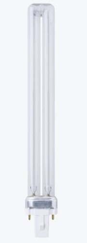 Rura świetlówkowa typu kompaktowego, przezroczysta, z metalowym uchwytem. Prosta forma, dwie równoległe rurki. Widoczny gwint na końcu do montażu. Produkt prezentowany na jednolitym tle.