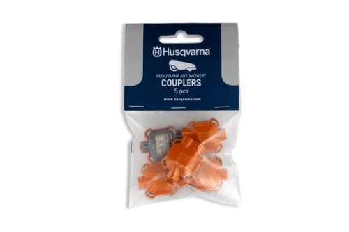 Złączka robota koszącego Automower 305E NERA Husqvarna w plastikowym opakowaniu. Zestaw 5 sztuk, pomarańczowe elementy mocujące, jeden element szary. Tło białe, przód opakowania z czytelnym logo i napisem Husqvarna Automower.
