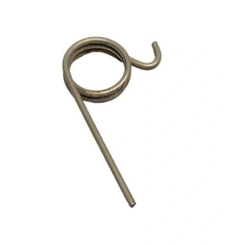 Metaliczna sprężyna do robota koszącego Automower 220 AC Husqvarna, owalna z zwiniętą częścią i prostym prętem, na jasnym tle z widocznym płaskim, delikatnie zagiętym końcem.