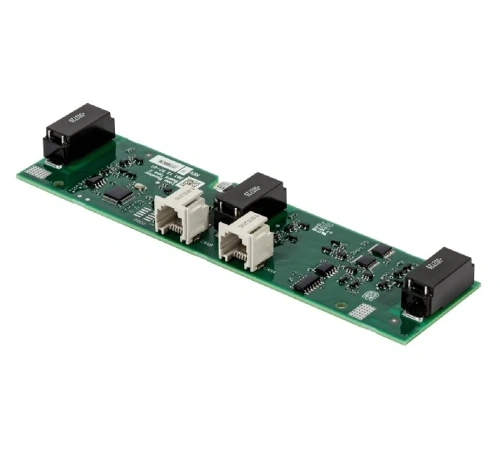 Zielony czujnik pętli PCB robota Automower 435X AWD NERA z widocznymi złączami i elektroniką, pokazany z boku na jednolitym tle, eksponujący detale płytki i elementy montażowe.