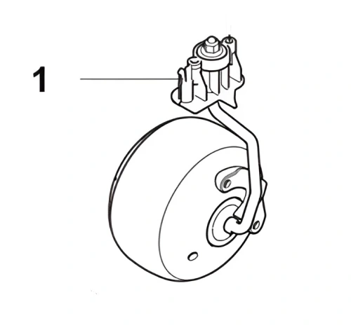 Zestaw koła robota koszącego Automower 560 EPOS Husqvarna, z wyraźnie zarysowanym obręczowym kołem oraz elementem montażowym. Widok z boku, ukazujący szczegóły konstrukcji i mocowania. Na tle białym, szczegółowe detale konstrukcyjne widoczne.