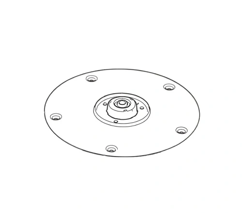 Zespół tarczy tnącej robota koszącego Automower 560 EPOS Husqvarna, okrągła, metalowa tarcza z centralnym otworem montażowym. Widoczne sześć otworów na śruby. Prosta biała grafika, brak dodatkowych elementów dekoracyjnych.
