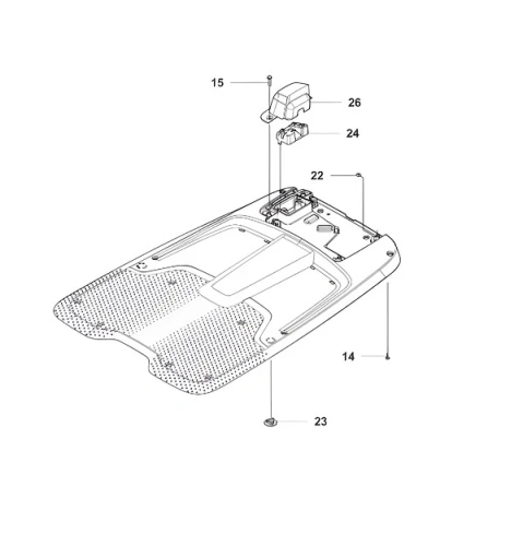 Widok z góry płyty głównej robota Automower 560 EPOS Husqvarna, prostokątnej z perforacjami, mocowaniami i miejscami na akcesoria. Siedem detali oznaczeń (14-26) wyraźnie zaznaczonych.