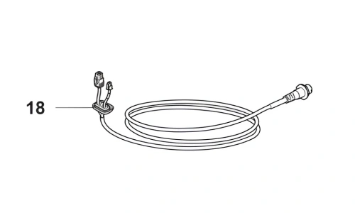 Zespół okablowania zasilacza Husqvarna Automower 560 EPOS, widok boczny. Kabel okrągły, zakończony do podłączenia, z dwoma złączami: prostokątnym i cylindrycznym, ułożony w pętlę.