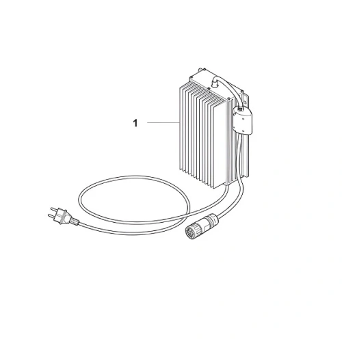 Zasilacz 7A robota koszącego Automower 560 EPOS Husqvarna, metalowy, prostokątny, z żeberkowaniem. Widoczny przewód z wtyczką oraz złącze do robota. Ujęcie z przodu, produkt leżący na płaskiej powierzchni, tło białe.