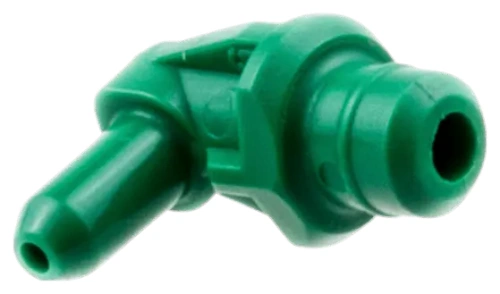 Zielony łącznik paliwa z tworzywa, widok z boku z dwiema rurami: prostokątną i cylindryczną, gładkie krawędzie, matowa powierzchnia. Dla pilarek Husqvarna 372XP i 385XP.