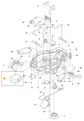 Bateria do robota koszącego Automower 560 EPOS Husqvarna w białej, prostokątnej obudowie, widoczna od góry z zaznaczonymi punktami montażowymi, bez dodatkowych oznaczeń.