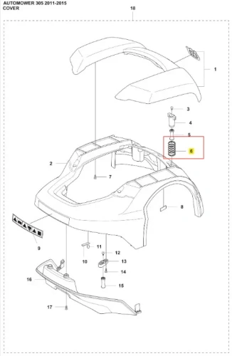 Sprężyna robota koszącego Automower 305 Husqvarna, metalowy cylindryczny element ze zwojami w ramce, na tle innych części robota, w tym pokrywy.