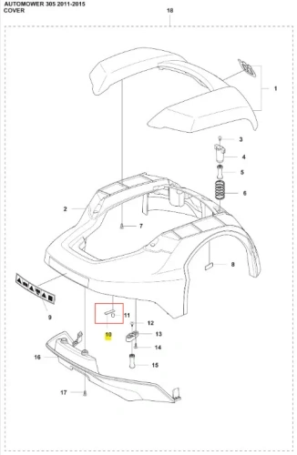 Płytka robota koszącego Automower 305 Husqvarna, widok z góry. Pokrywa muszlowa z mocowaniami i oznaczeniem, na białym tle. Zawiera szczegóły montażowe i detale techniczne.