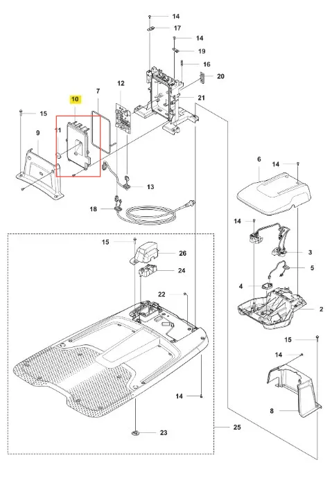 Osłona robota koszącego Automower 560 EPOS Husqvarna, z materiału plastikowego, w odcieniu ciemnoszarym. Produkt leży na płaskiej powierzchni, w ujęciu z góry. Zawiera widoczne otwory montażowe oraz detale konstrukcyjne. Tło białe, jednolite.