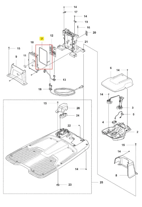 Szary pasek uszczelniający do robota koszącego Automower 560 EPOS Husqvarna, 23x25 cm, z widocznym logo i teksturami, elementy montażowe na prostym tle.