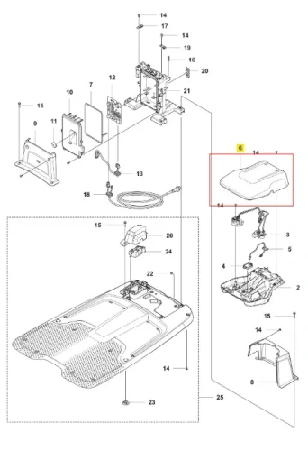 Szara zaślepka do robota koszącego Automower 560 EPOS Husqvarna, gładka, z lekko wyprofilowanym kształtem, z logo i detalami mocowania, na białym tle, widok z boku.