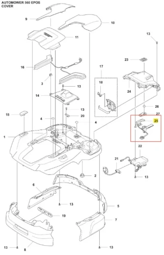Schematyczny zestaw okablowania do robota koszącego Automower 560 EPOS Husqvarna na jasnym tle, z numerami identyfikacyjnymi. Zawiera przewody i złącza różnych kształtów i długości.
