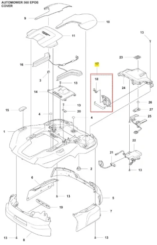 Zestaw czujników robota koszącego Automower 560 EPOS Husqvarna. Widok z góry na rozłożoną konstrukcję z elementami montażowymi. Kluczowe akcesoria z numerami katalogowymi, zamocowane na płaskim podłożu. Tło szare, neutralne.