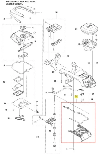 Wyłącznik robota Husqvarna Automower 435X AWD NERA, czarny, z plastikowymi elementami, guzikami i złączami. Widok z góry, odsłonięty do montażu, bez dodatkowych akcesoriów.