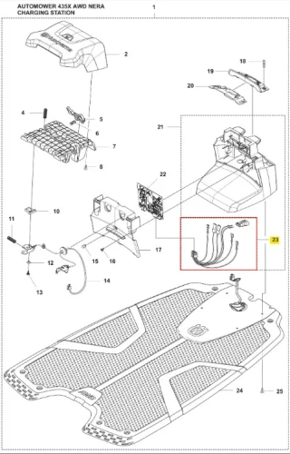 Zestaw kabli do robota koszącego Automower 435X AWD NERA, przedstawiony na białym tle. W skład zestawu wchodzą cztery różne kable elektryczne, każdy z innymi końcówkami, dla lepszego dopasowania do stacji ładującej. Kable mają kolor szary.