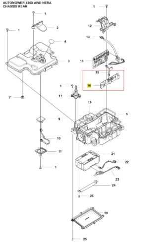 Czujnik pętli PCB do robota koszącego Automower 435X AWD NERA, w kolorze czarnym, z metalowym i plastikowym korpusem. Widoczny z przodu, z ruchomymi elementami. Zainstalowany w tylnym podwoziu, wskazuje zalecane miejsce montażu.