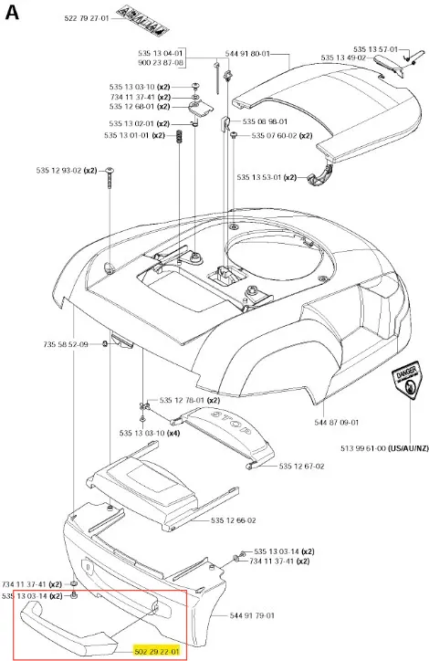 Uchwyt robota koszącego Automower 210 C Husqvarna, czarny, z mocowaniami i otworem na kabel. Widok z góry na detale konstrukcji. Proste białe tło, w zestawie z innymi częściami, idealny do montażu.