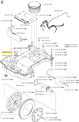 Wspornik robota koszącego Automower 210 C Husqvarna, szary, okrągły, odporny na warunki atmosferyczne, z otworami montażowymi, widok z góry w schemacie eksplodowanym z oznaczeniami.