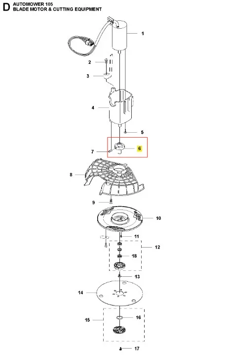 Łącznik robota koszącego AUTOMOWER 105 Husqvarna, widoczny z góry, w układzie rozłożonym. Element metalowy o okrągłym kształcie, z otworami montażowymi. W otoczeniu innych części do robota, na białym tle, co uwypukla szczegóły projektowe.