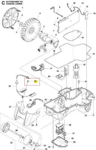 Metalowa śruba z gwintem do robota koszącego AUTOMOWER 105 Husqvarna, srebrna, standardowa, widoczna obok innych części montażowych na białym tle.
