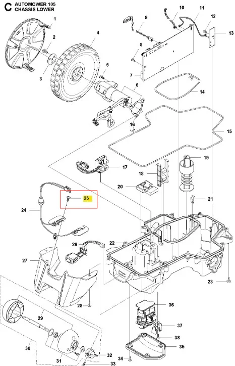 Metalowa śruba z gwintem do robota koszącego AUTOMOWER 105 Husqvarna, srebrna, standardowa, widoczna obok innych części montażowych na białym tle.