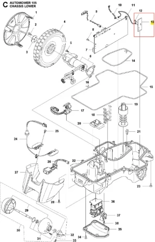 Diagram dolnej części podwozia robota koszącego AUTOMOWER 105 Husqvarna z kołami, silnikiem, okablowaniem, płytą podłogową, elementami montażowymi oraz oznaczeniami technicznymi na białym tle.