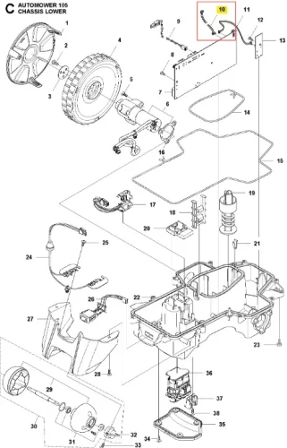 Linka do robota koszącego AUTOMOWER 105 Husqvarna, widoczna w zestawieniu z innymi elementami, w pozycji poziomej. Wykonana z elastycznego materiału, o ciemnym kolorze. Na rysunku pokazano szczegóły montażu, brak widocznych napisów.