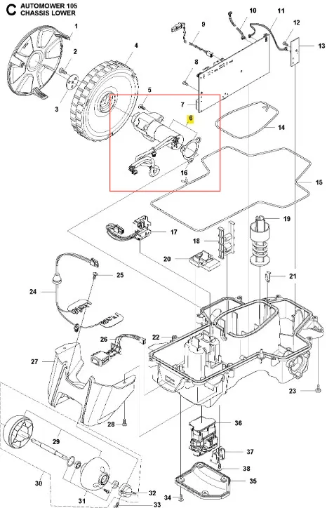 Silnik koła robota koszącego AUTOMOWER 105 Husqvarna, srebrny metalowy z mocowaniami, kabel z wtyczką, osadzony w plastikowej obudowie, nowy, na neutralnym tle.