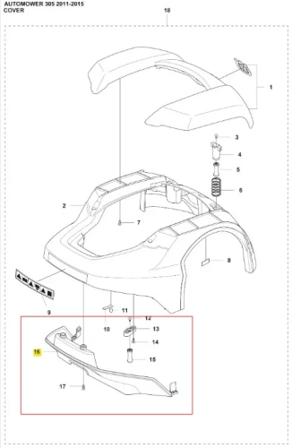 Zderzak robota koszącego Automower 305 Husqvarna, w kolorze szarym, o prostokątnym kształcie. Ujęcie pokazuje go w orientacji poziomej, z widocznymi elementami mocującymi. Tło białe, co zapewnia dobrą widoczność detali konstrukcyjnych.