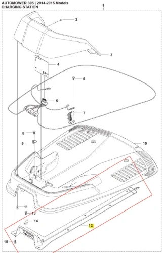 Listwa ładowania do robota Automower 305 Husqvarna, szara, z elementami mocującymi, oznaczeniami i przyłączeniami. Widoczna górna część z kanałami wentylacyjnymi i bocznymi łącznikami.