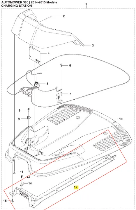 Listwa ładowania do robota Automower 305 Husqvarna, szara, z elementami mocującymi, oznaczeniami i przyłączeniami. Widoczna górna część z kanałami wentylacyjnymi i bocznymi łącznikami.