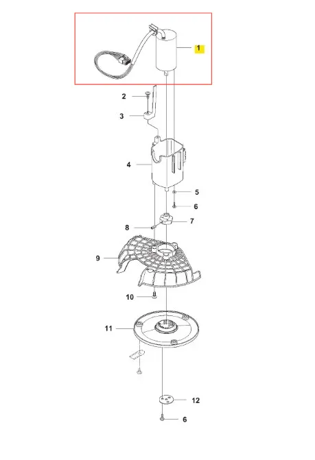 Silnik koszący robota Automower 305 Husqvarna, składniki widoczne w diagramie. W górnej części znajduje się zbiornik z rurką. Elementy podzielone na części, w tym osłona, wirnik i podstawka mocująca, przedstawione z góry w układzie prostym.