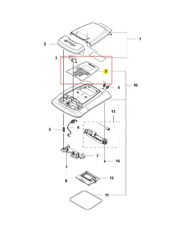 Schemat klawiatury robota koszącego AUTOMOWER 310 Husqvarna pokazuje górną pokrywę, mocowania i elementy elektroniczne, ułożone czytelnie dla łatwej identyfikacji części.