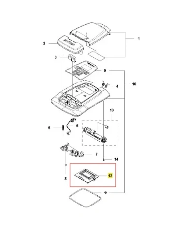 Wyświetlacz robota koszącego AUTOMOWER 310 Husqvarna, szara obudowa, prosty kształt, widok z góry. Wnętrze z detalami, przyciskiem, numerami części i otwartymi elementami dla łatwego dostępu.
