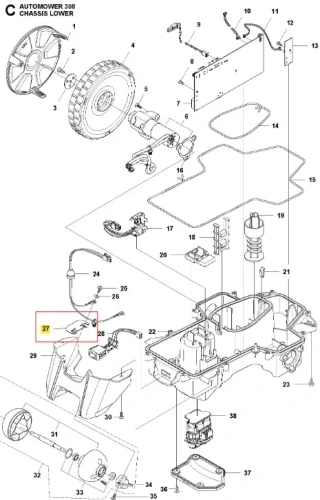 Płyta ładująca do robota koszącego Automower 308 Husqvarna w kolorze szarym, prostokątna, z wyraźnymi oznaczeniami. Widok z góry, leżąca na jednolitym tle. Zawiera gniazdo do podłączenia oraz wyjście na kable, bez dodatkowych akcesoriów.