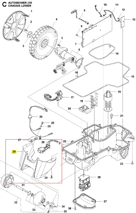 Uchwyt tylnego koła robota koszącego Automower 308 Husqvarna. Element w kolorze czarnym, wykonany z tworzywa sztucznego, z dwoma mocowaniami. Widoczny z góry, w kontekście montażu, z innymi częściami i modułami na białym tle.