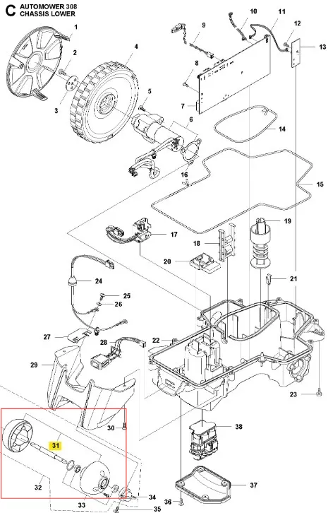 Koło tylne robota Husqvarna Automower 308, widok boku z oponą, stalowym mocowaniem i logo. Szare i czarne elementy. W tle części robota na białym tle.